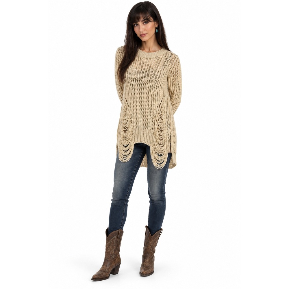 Distressed Fringe Open Knit Sweater S/M Cream Boho Grunge Tunic Deconstructed